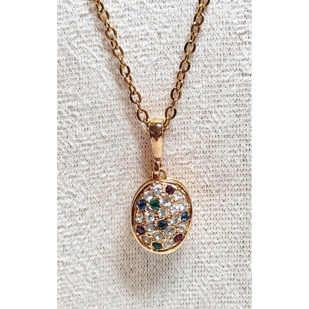 Two Sided Multicolor Rhinestone Oval Locket Necklace Gold Tone 20"